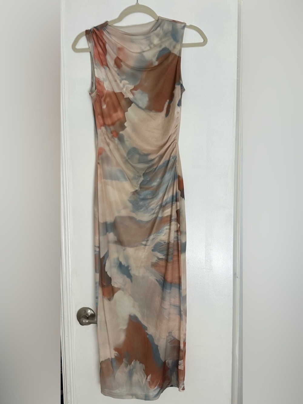 Watercolor Print Satin Dress in Coral, Beige & Blue